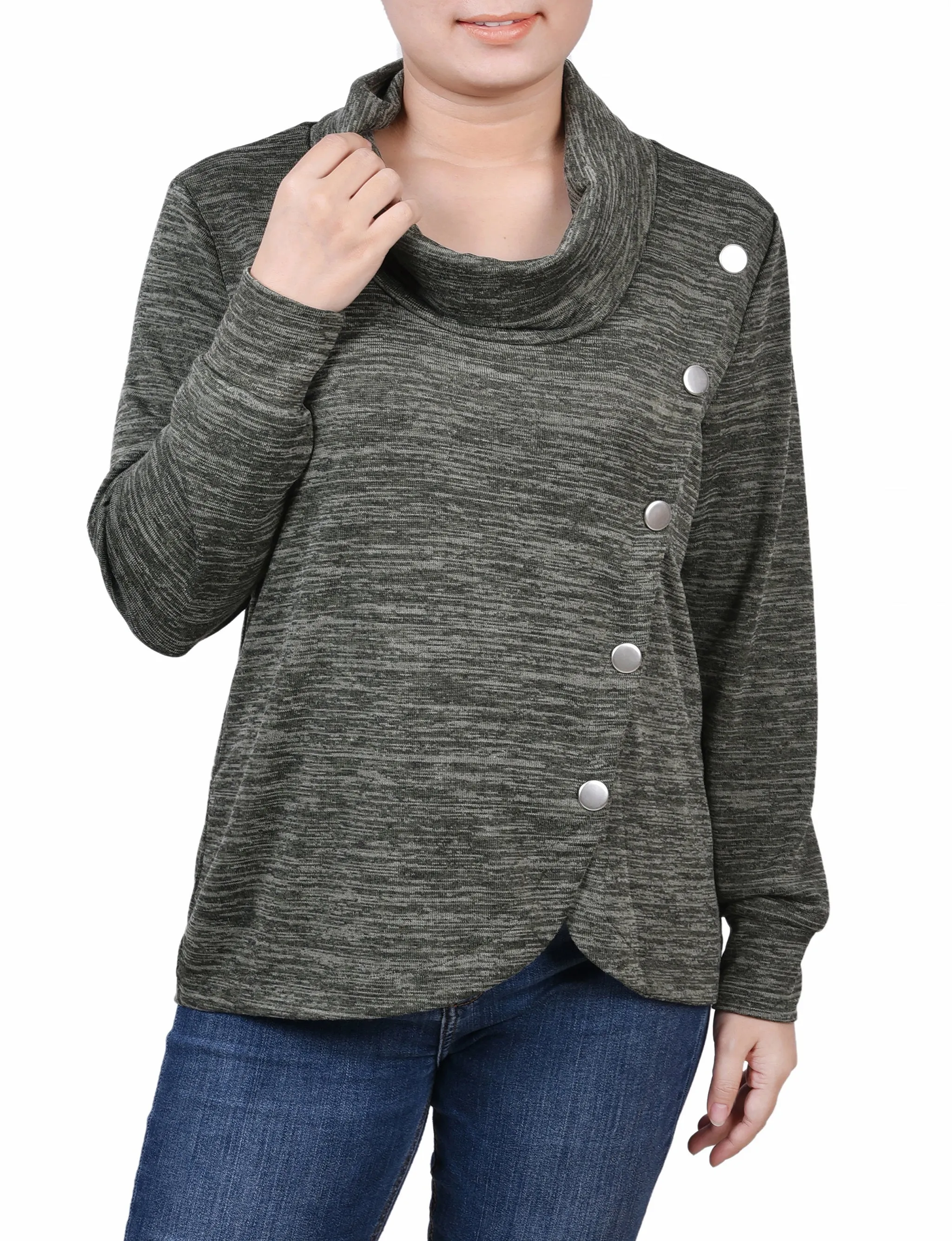 Long Sleeve Overlapping Cowl Neck Top