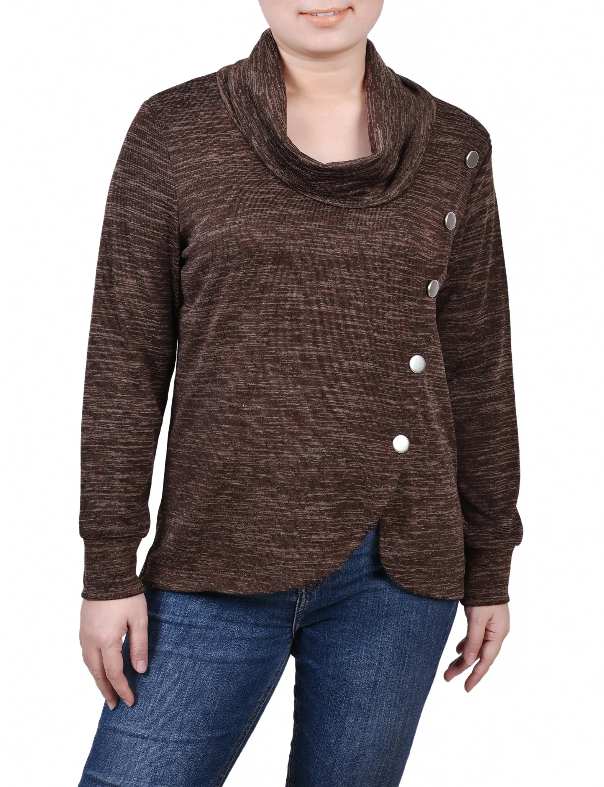 Long Sleeve Overlapping Cowl Neck Top