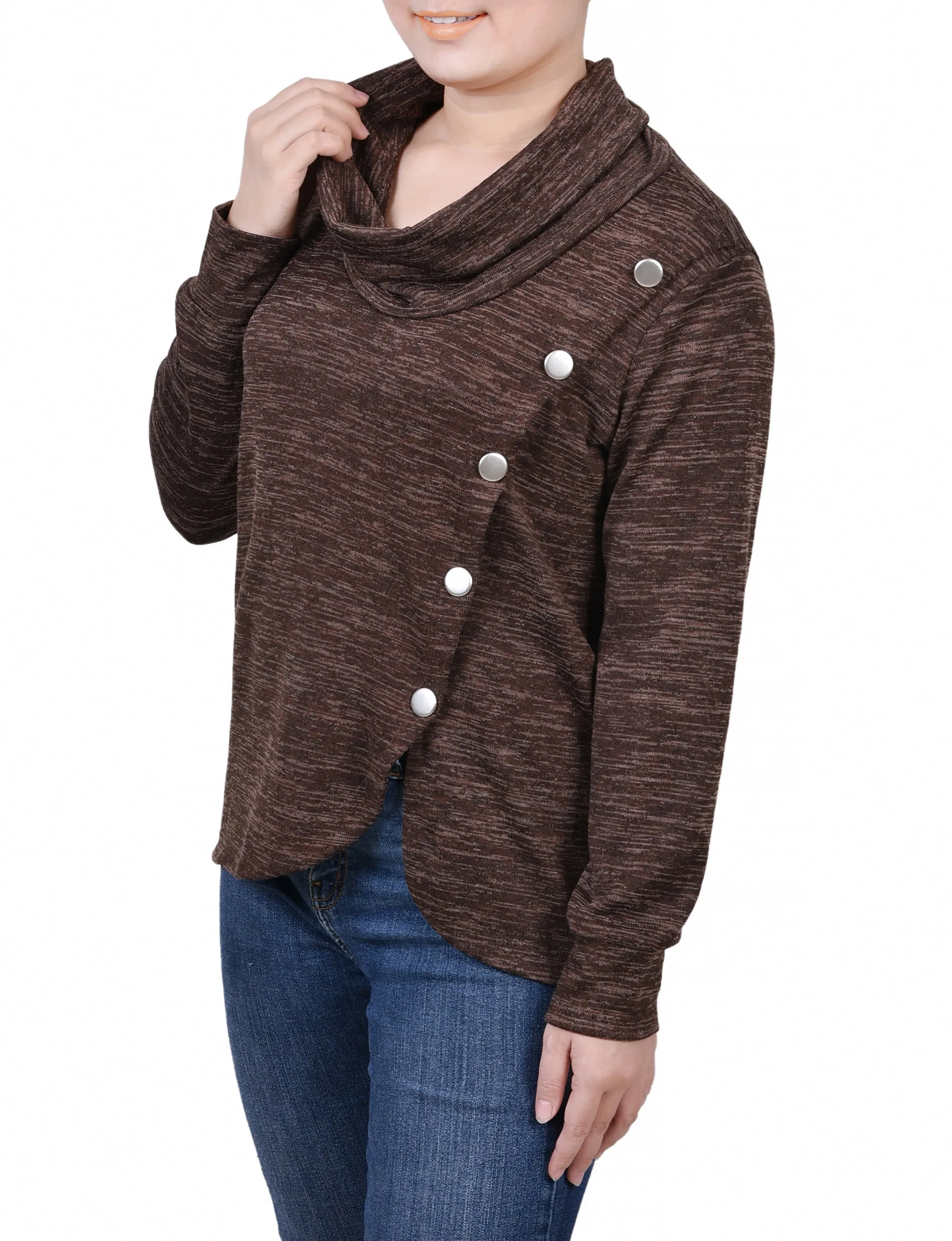 Long Sleeve Overlapping Cowl Neck Top