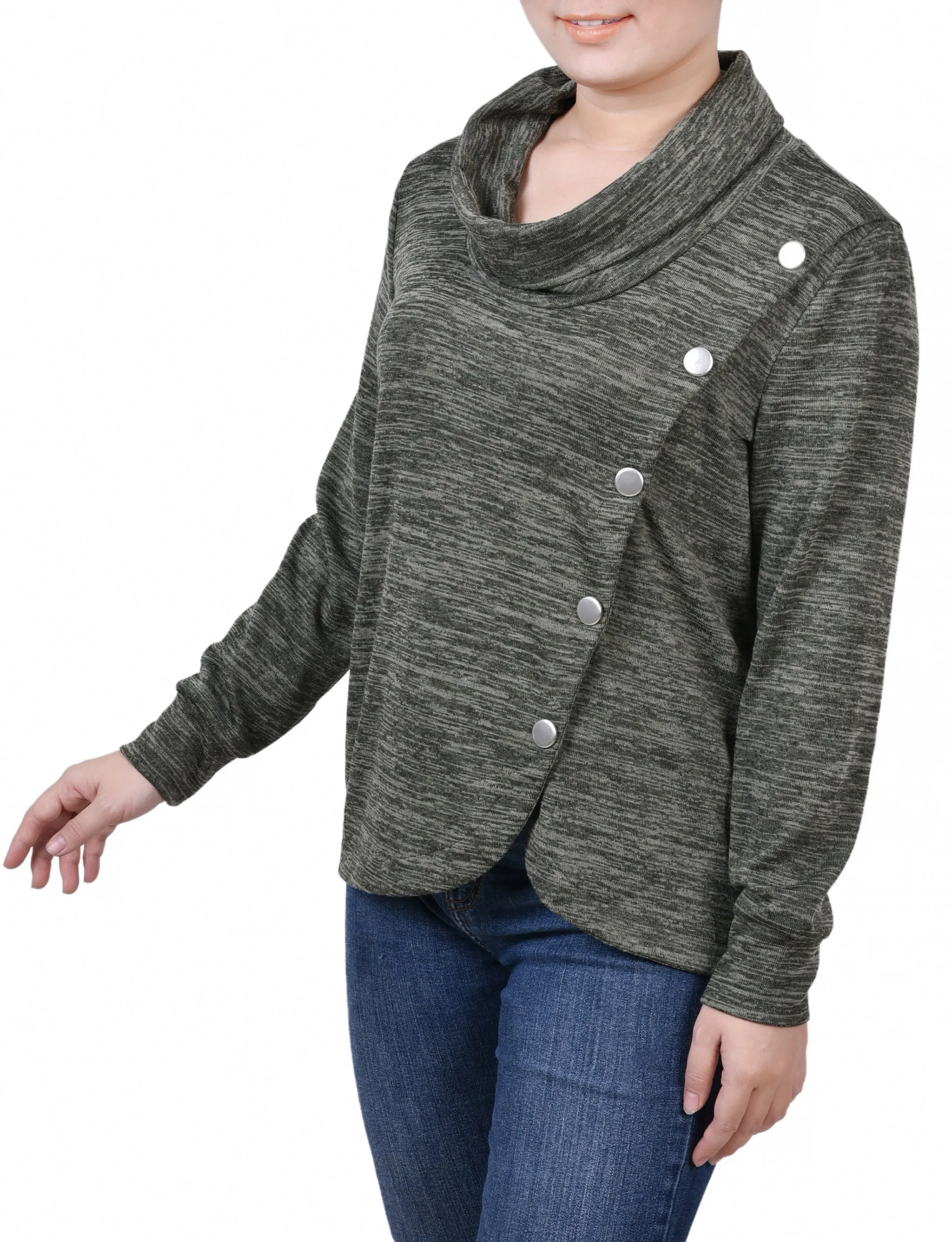 Long Sleeve Overlapping Cowl Neck Top