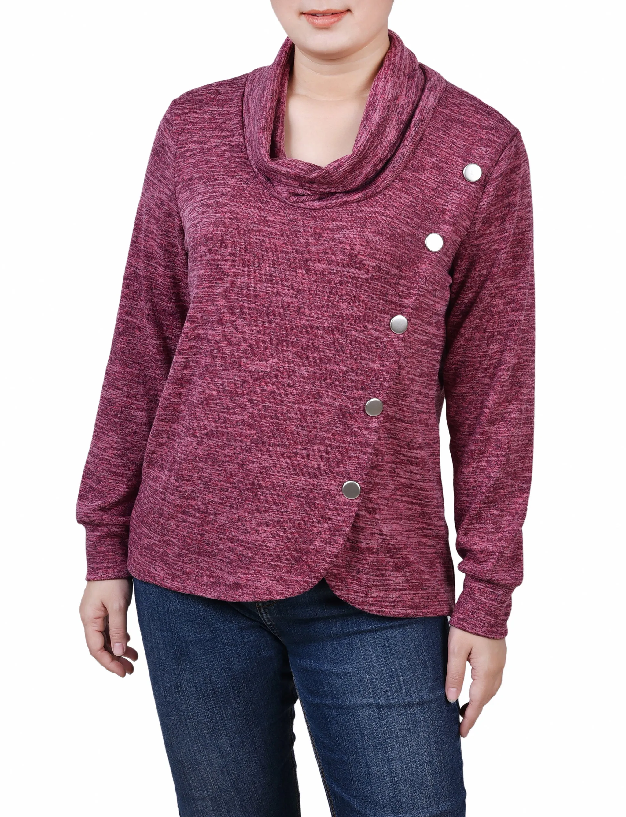 Long Sleeve Overlapping Cowl Neck Top