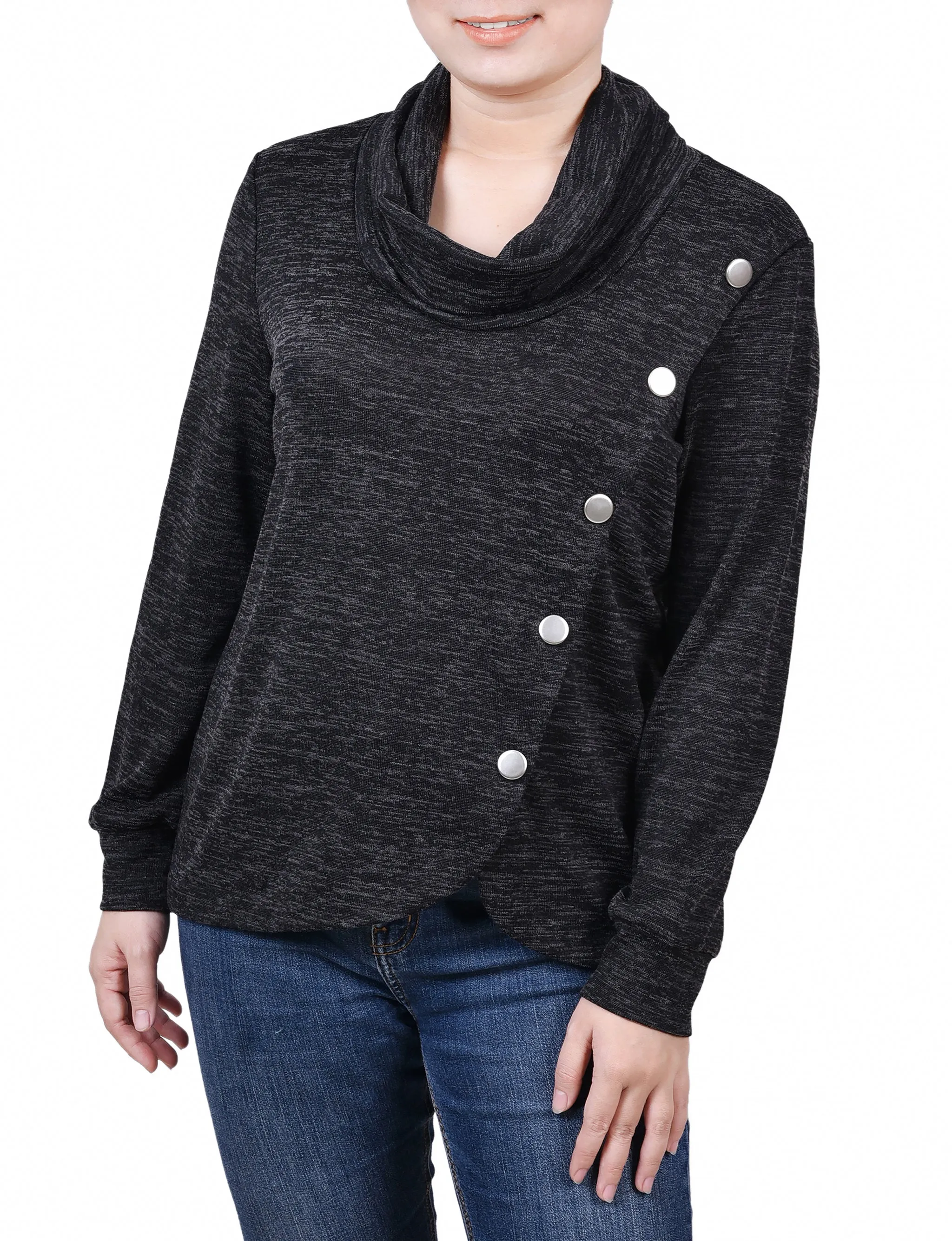 Long Sleeve Overlapping Cowl Neck Top