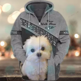 Maltese Grey Love Never Walk Alone 3D Full Print Shirts, Christmas Dog Memorial Gifts for loss of Dog