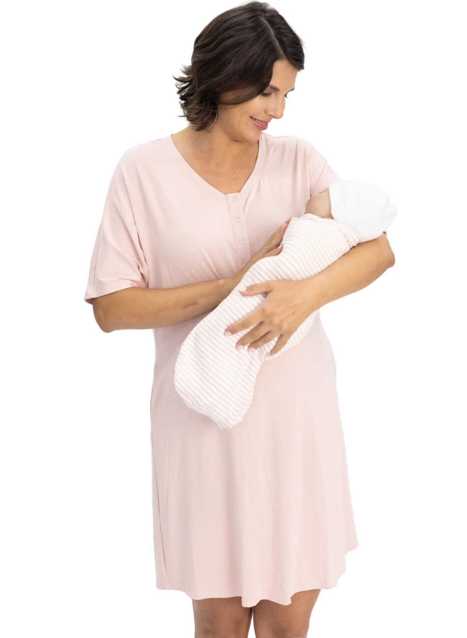 Maternity & Nursing Home Dress   Matching Baby Wrap - Pink