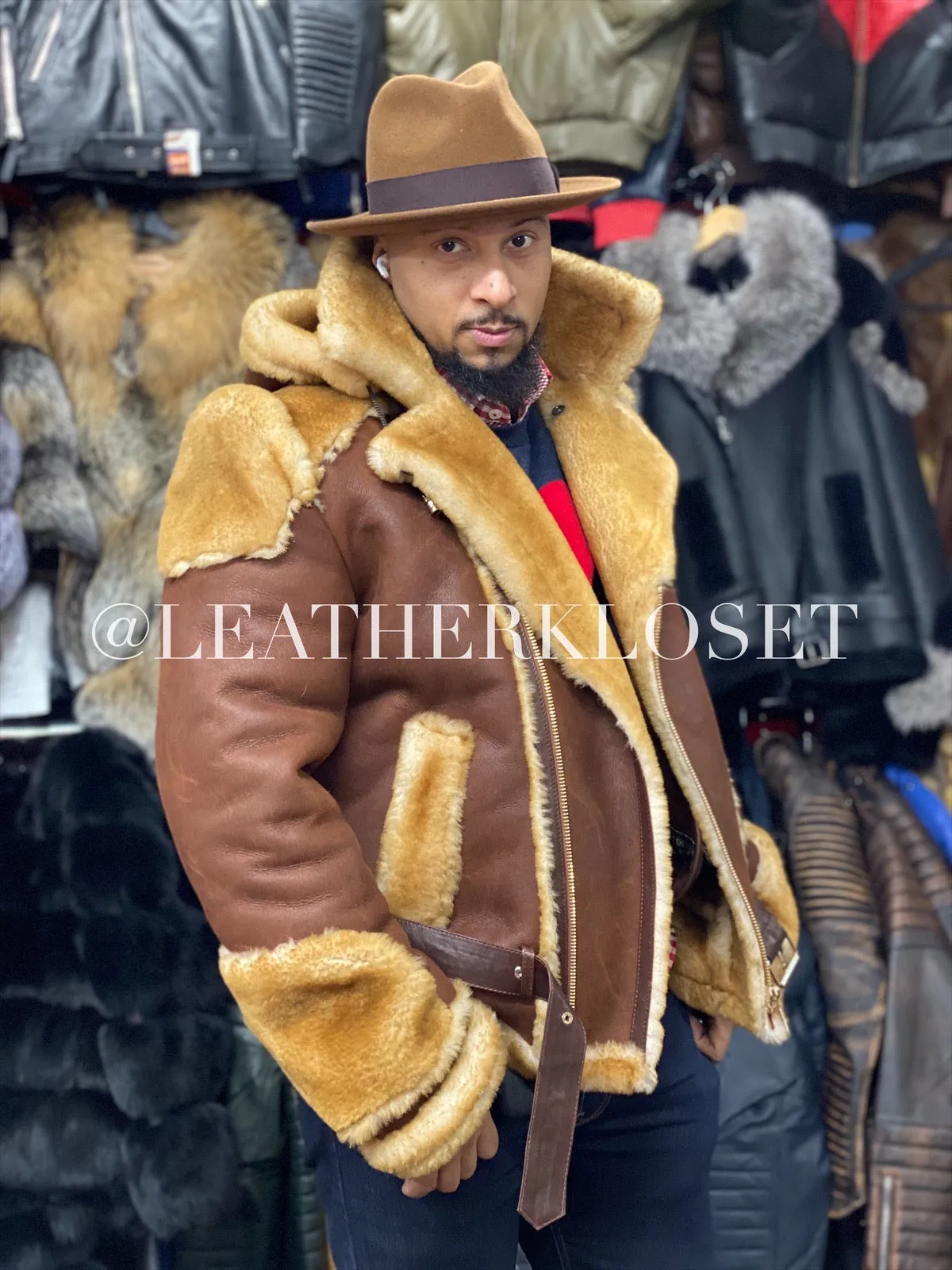 Mens Andre Shearling Biker With Hood [Cognac]