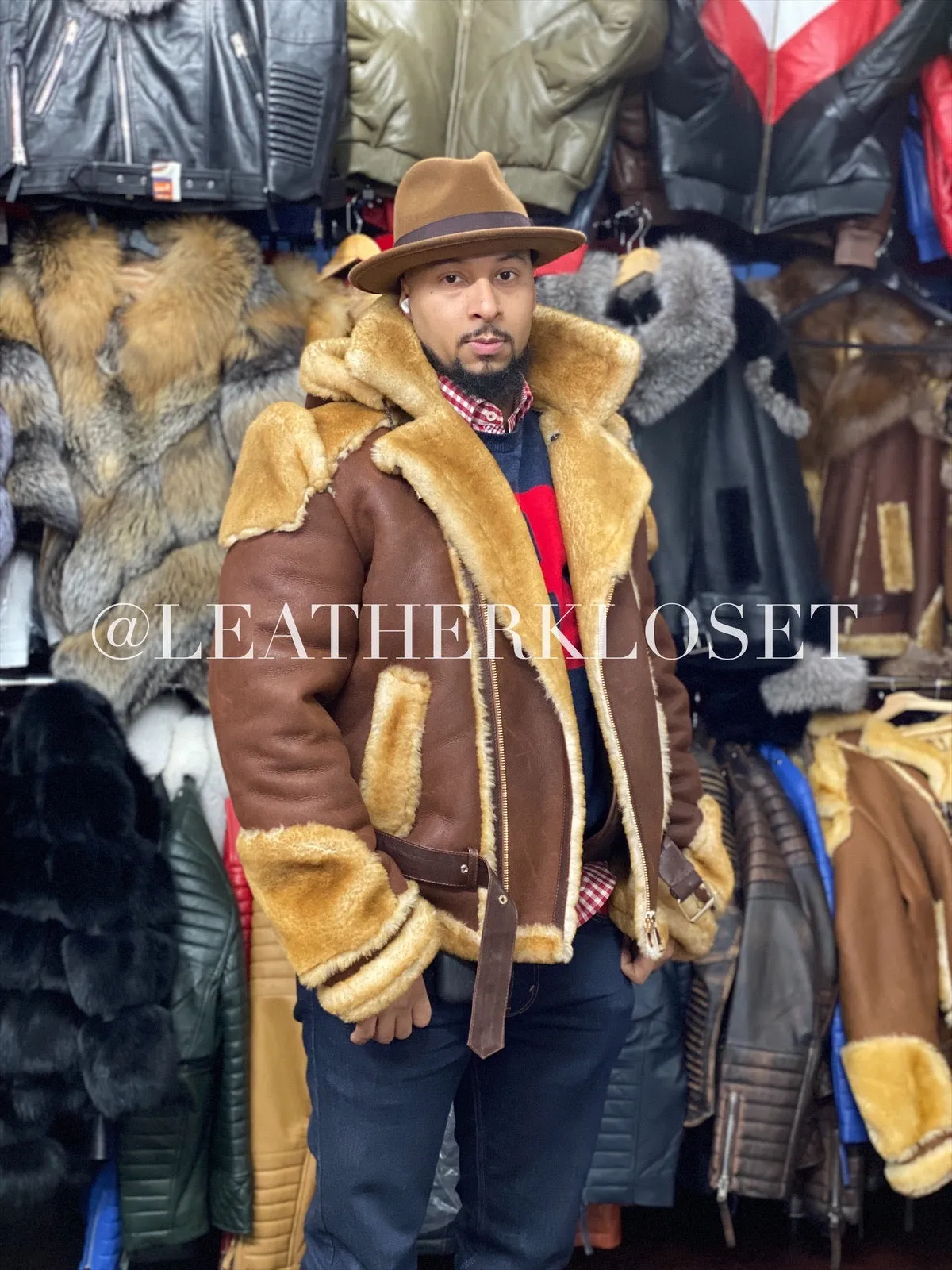 Mens Andre Shearling Biker With Hood [Cognac]