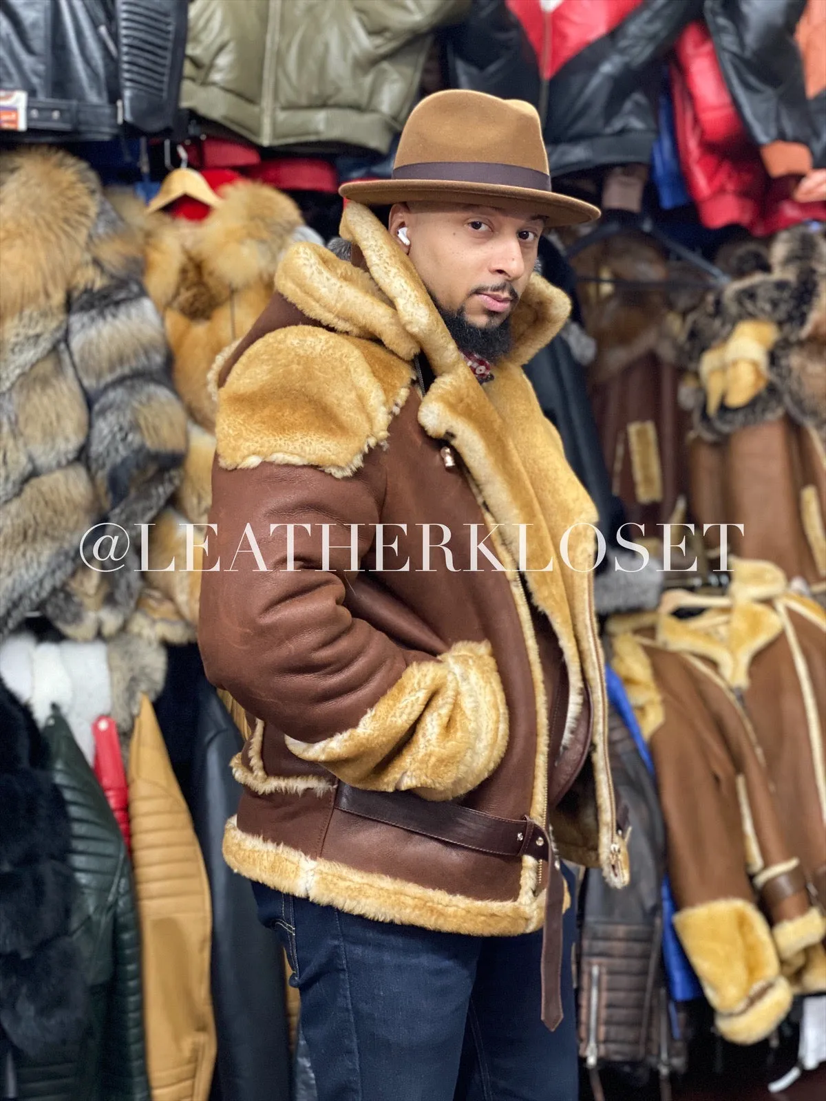 Mens Andre Shearling Biker With Hood [Cognac]