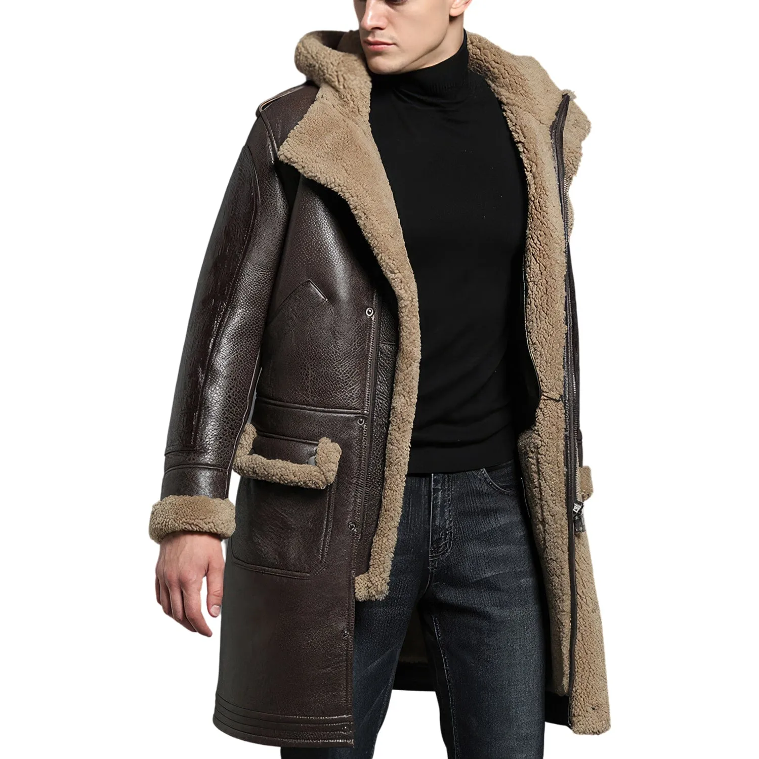 Men’s Brown Genuine Sheepskin Sherpa Shearling Faux Fur Lines Hooded Winter Warm Thick Retro Uniform Military Leather Coat