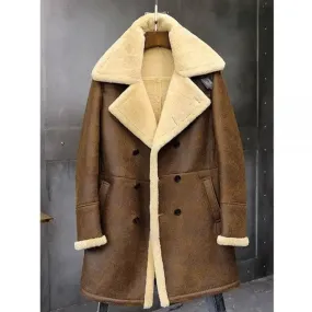 Mens Flight Sheepskin Shearling Aviator Leather Trench Coat