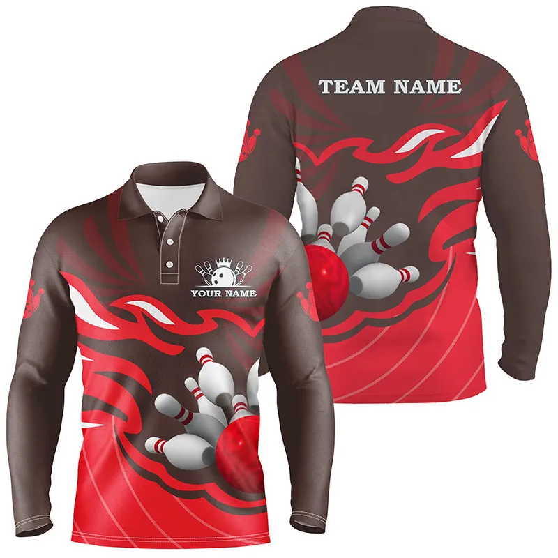 Mens Long Sleeve Polo Bowling Shirt Custom Bowling Ball Pins Team League Jersey, Personalized Multicolor Bowling Gifts