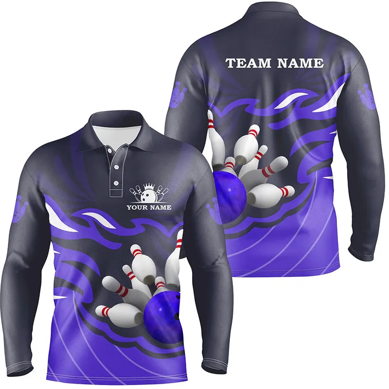 Mens Long Sleeve Polo Bowling Shirt Custom Bowling Ball Pins Team League Jersey, Personalized Multicolor Bowling Gifts