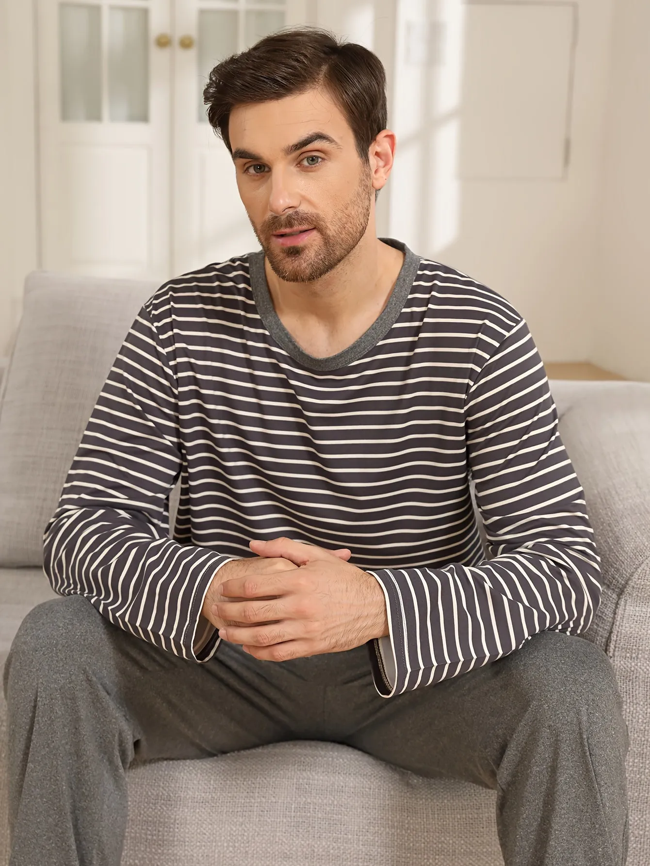 Men's Striped Long Sleeve Pajama Set: Relaxed, Spring/Autumn, Microfiber, Pocket, Regular Fit, Knit