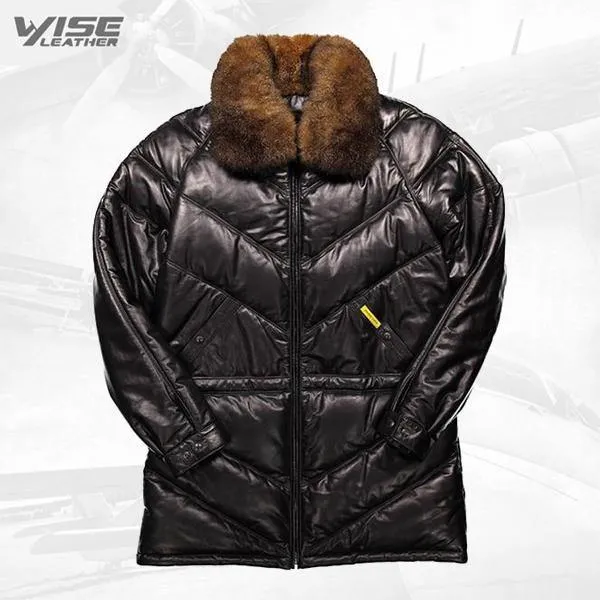 Men's V-Series Black Leather Bomber Coat with Fox Collar