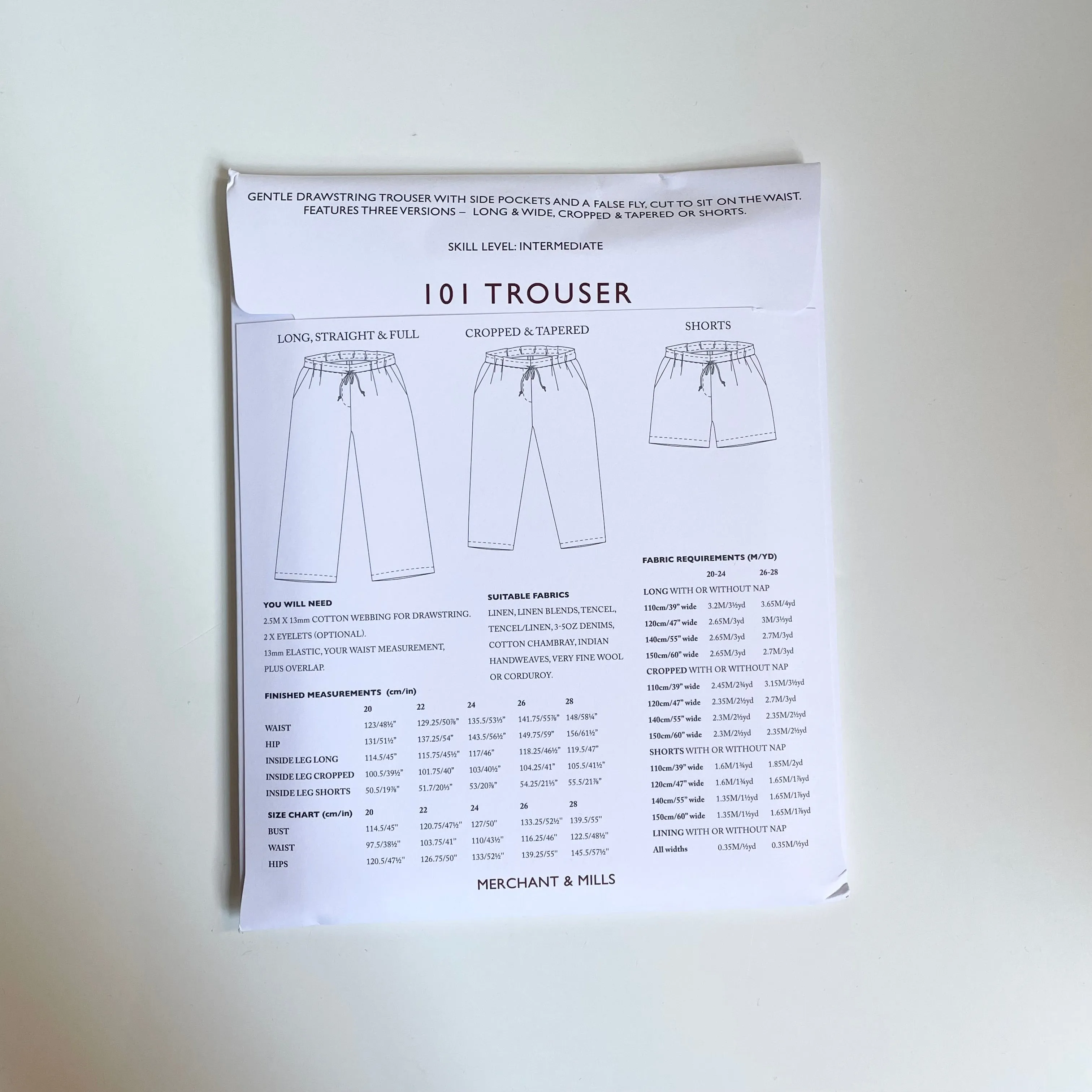 Merchant & Mills Pattern : 101 Trouser (sizes 20 - 28)