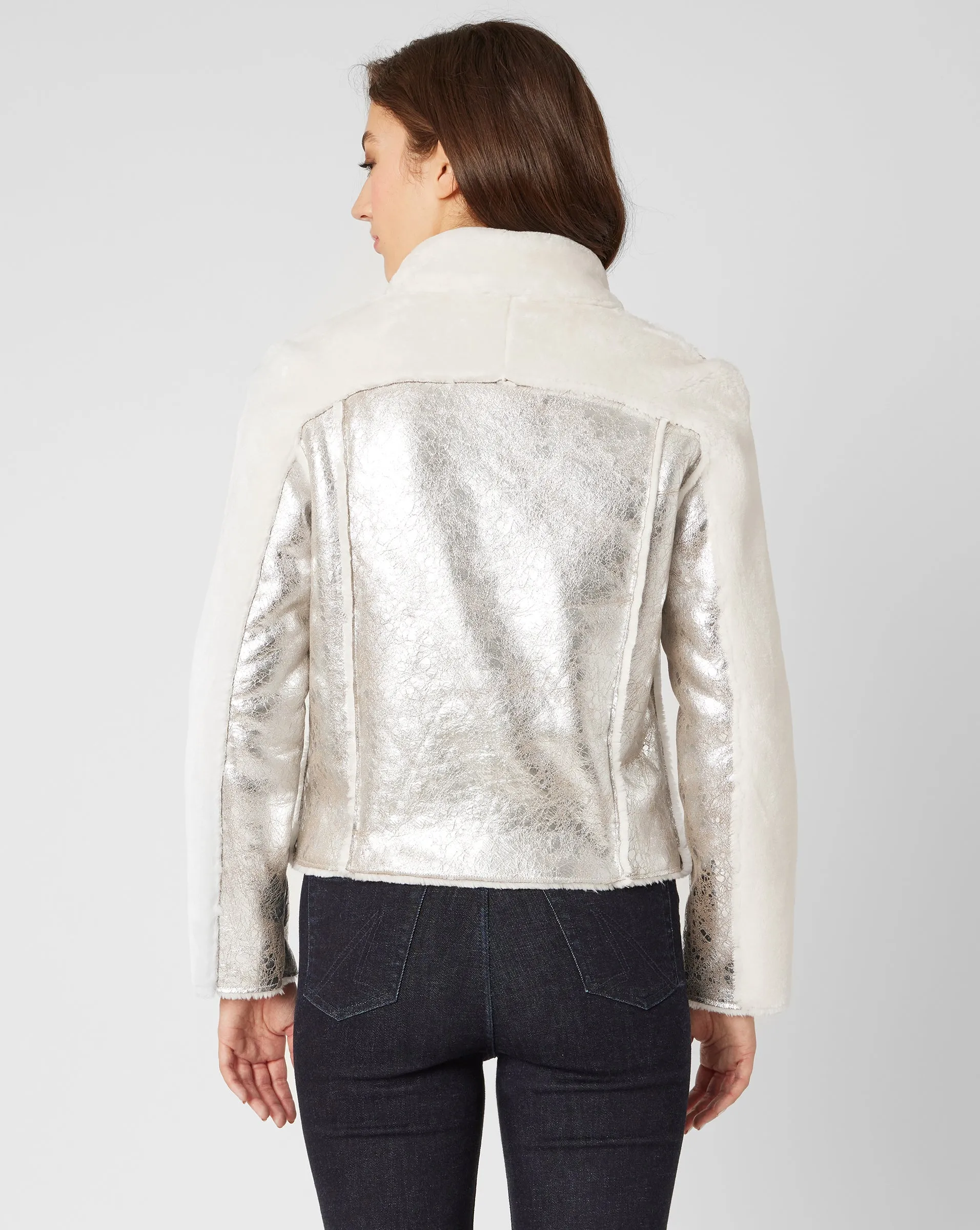 Moonstone Metallic Faux Shearling Moto Jacket