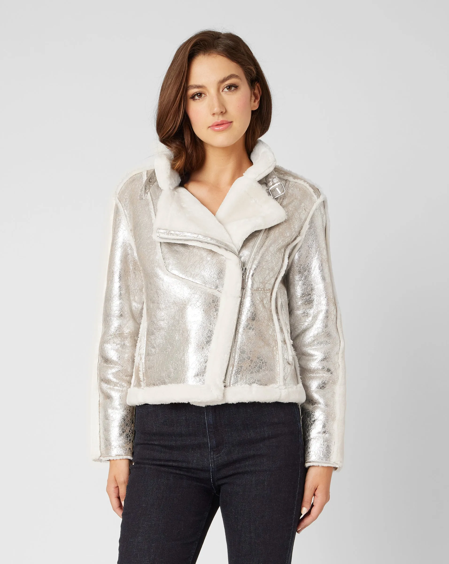 Moonstone Metallic Faux Shearling Moto Jacket