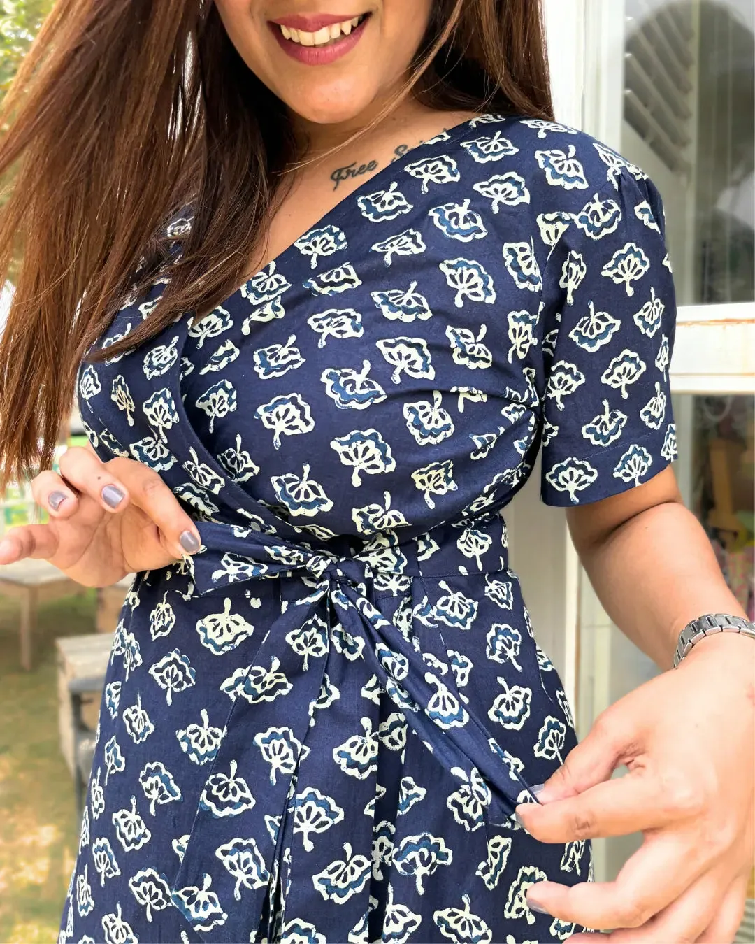 Navy Blue Printed Cotton Wrap Dress