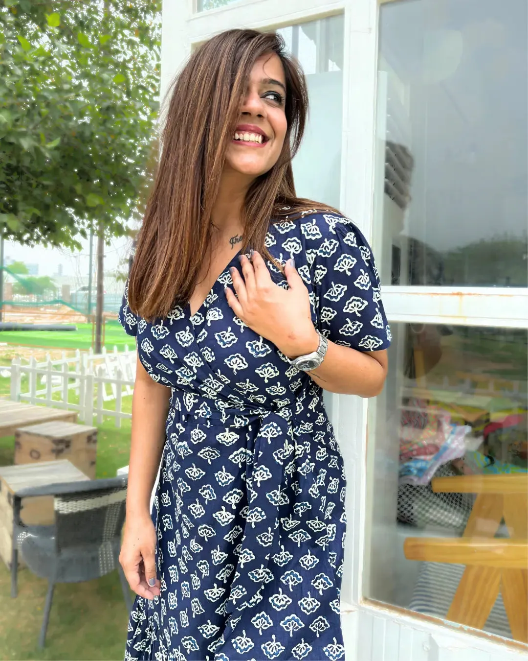 Navy Blue Printed Cotton Wrap Dress