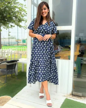 Navy Blue Printed Cotton Wrap Dress