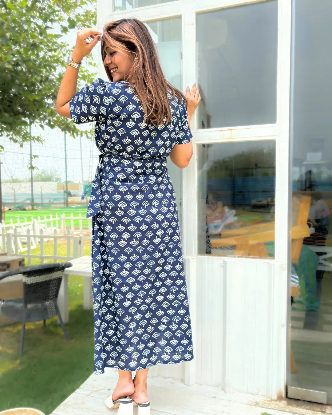 Navy Blue Printed Cotton Wrap Dress