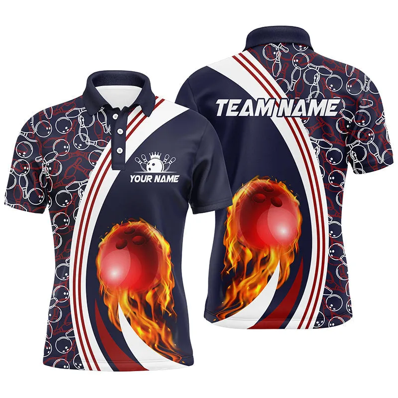 Navy Bowling Long Sleeve Polo Shirts For Men Custom Camo Flame Bowling Ball Fire Bowling Team League Jerseys