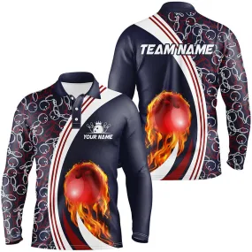 Navy Bowling Long Sleeve Polo Shirts For Men Custom Camo Flame Bowling Ball Fire Bowling Team League Jerseys