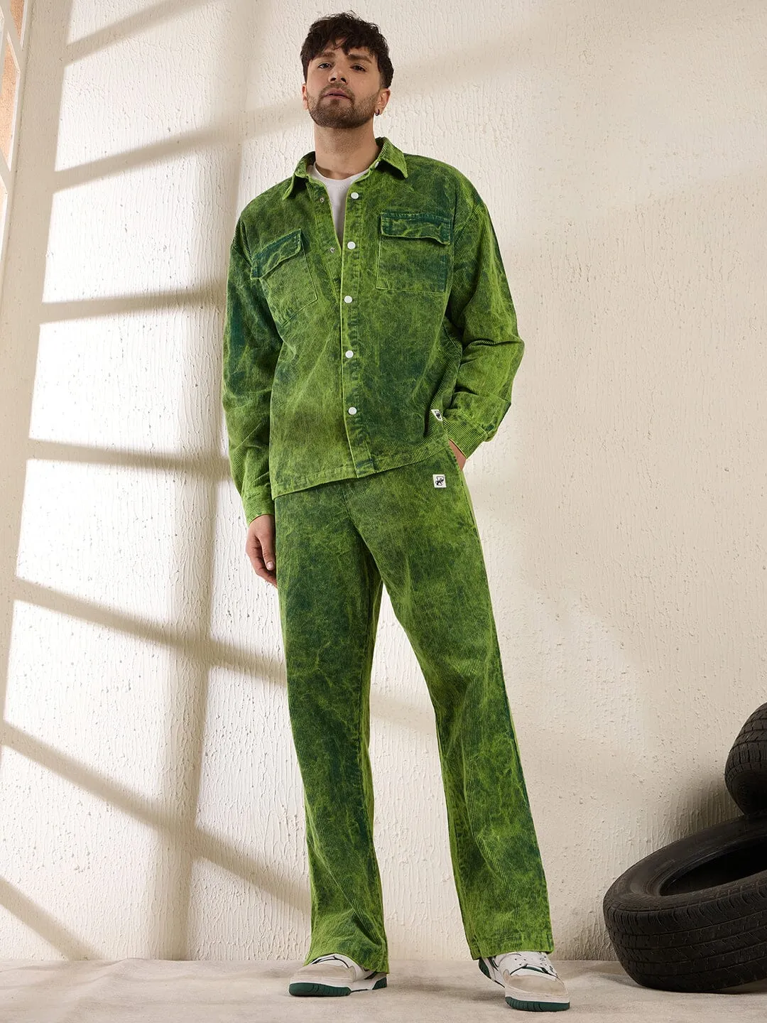 Neon Dyed Washed Cord Shacket and Trackpant Clothing set