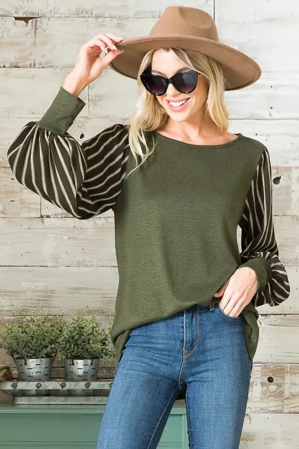 Olive Stripe Puff Sleeve Sweater