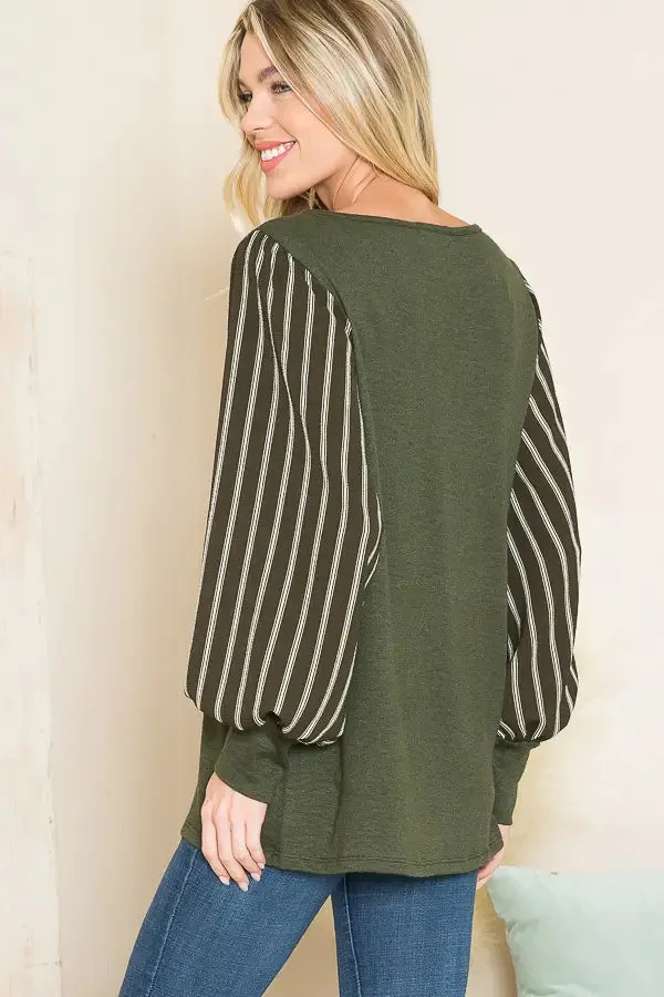 Olive Stripe Puff Sleeve Sweater