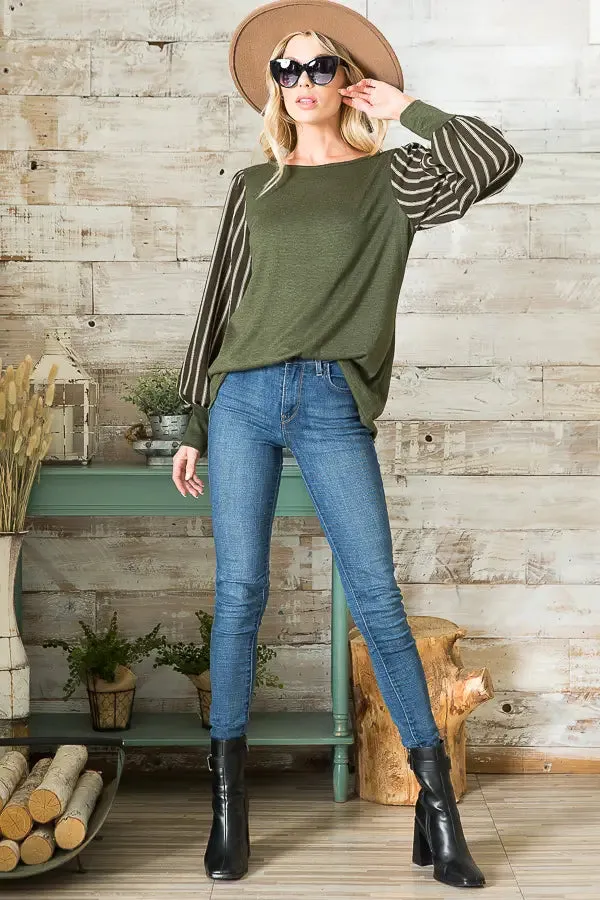 Olive Stripe Puff Sleeve Sweater