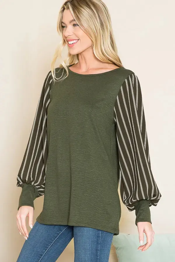 Olive Stripe Puff Sleeve Sweater