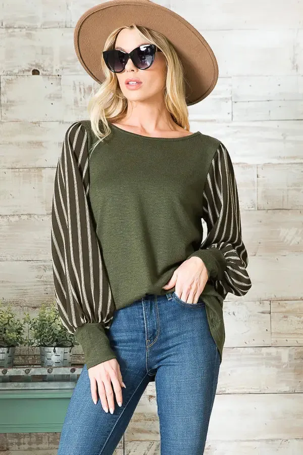 Olive Stripe Puff Sleeve Sweater