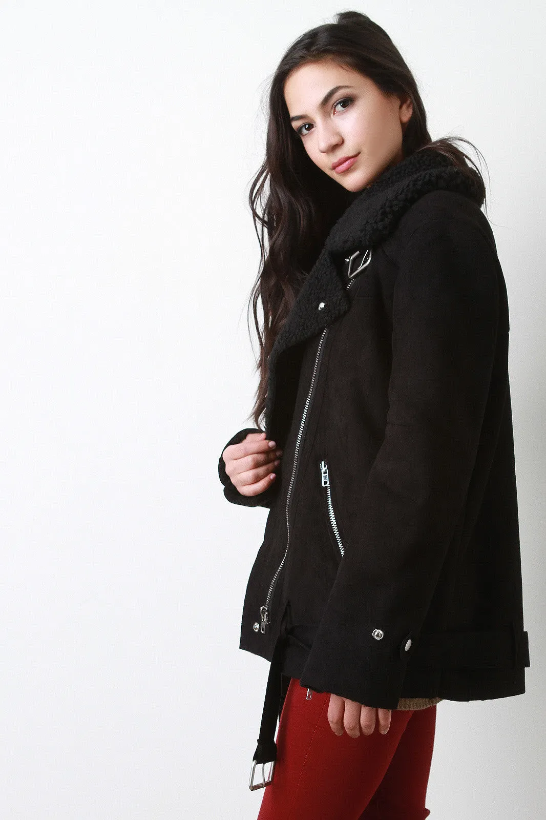 Oversize Shearling Asymmetrical Zipper Jacket