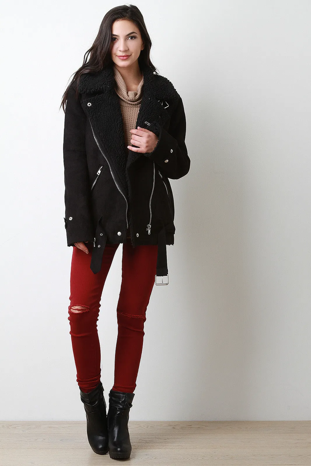 Oversize Shearling Asymmetrical Zipper Jacket