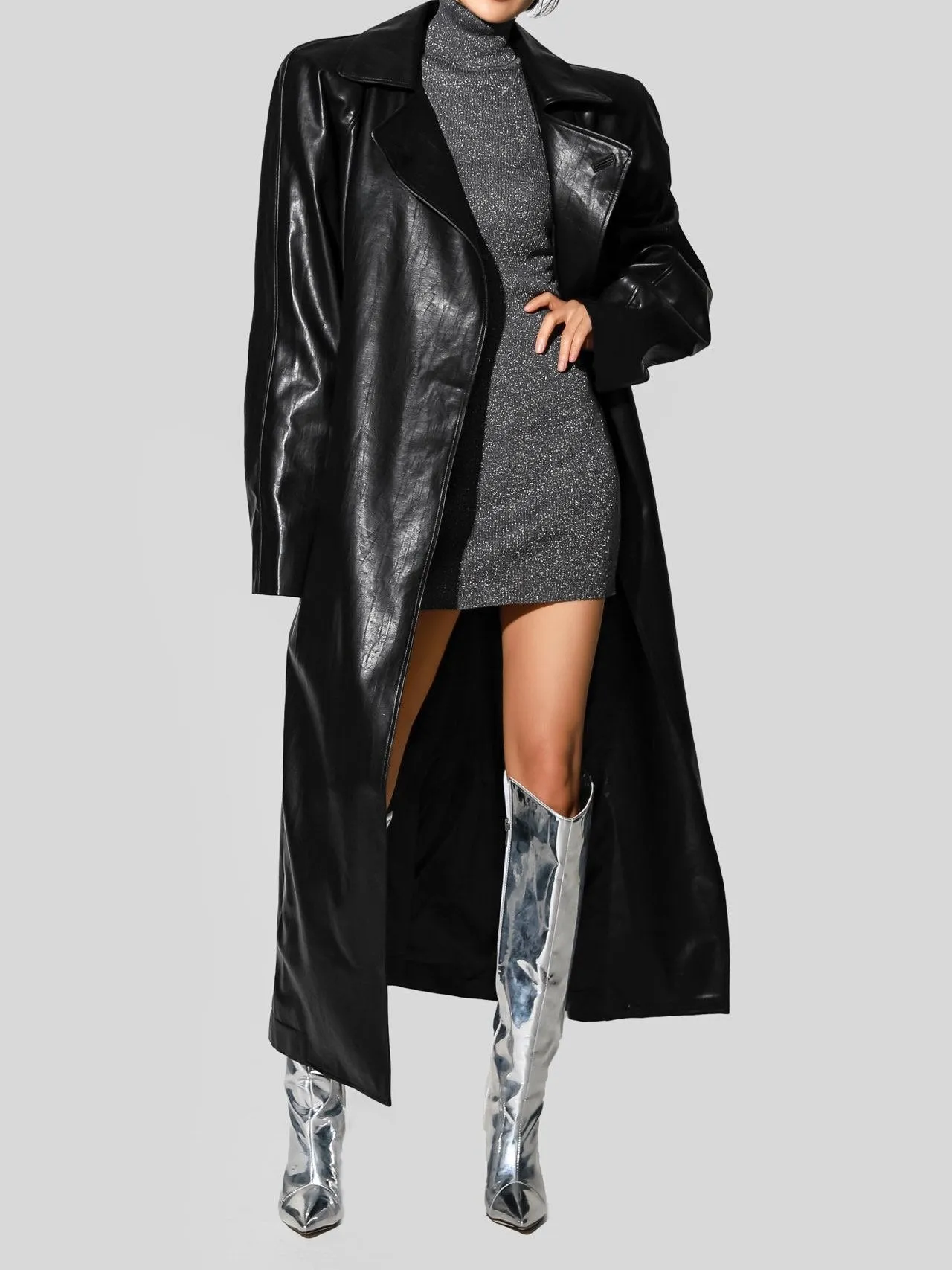 PADDED SHOULDER VEGAN LEATHER TRENCH COAT