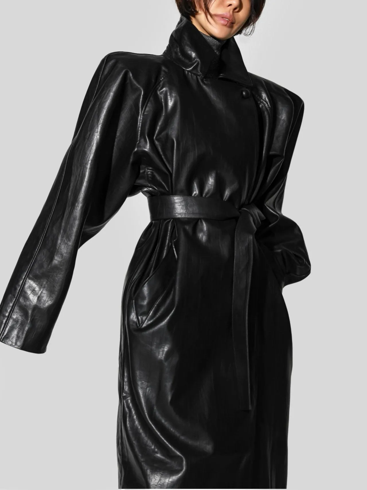 PADDED SHOULDER VEGAN LEATHER TRENCH COAT