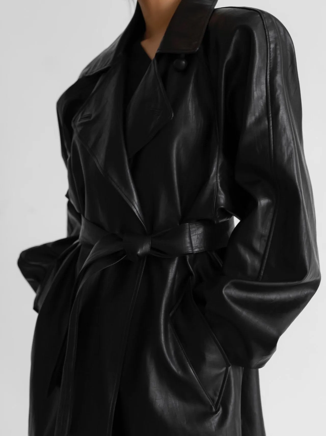 PADDED SHOULDER VEGAN LEATHER TRENCH COAT