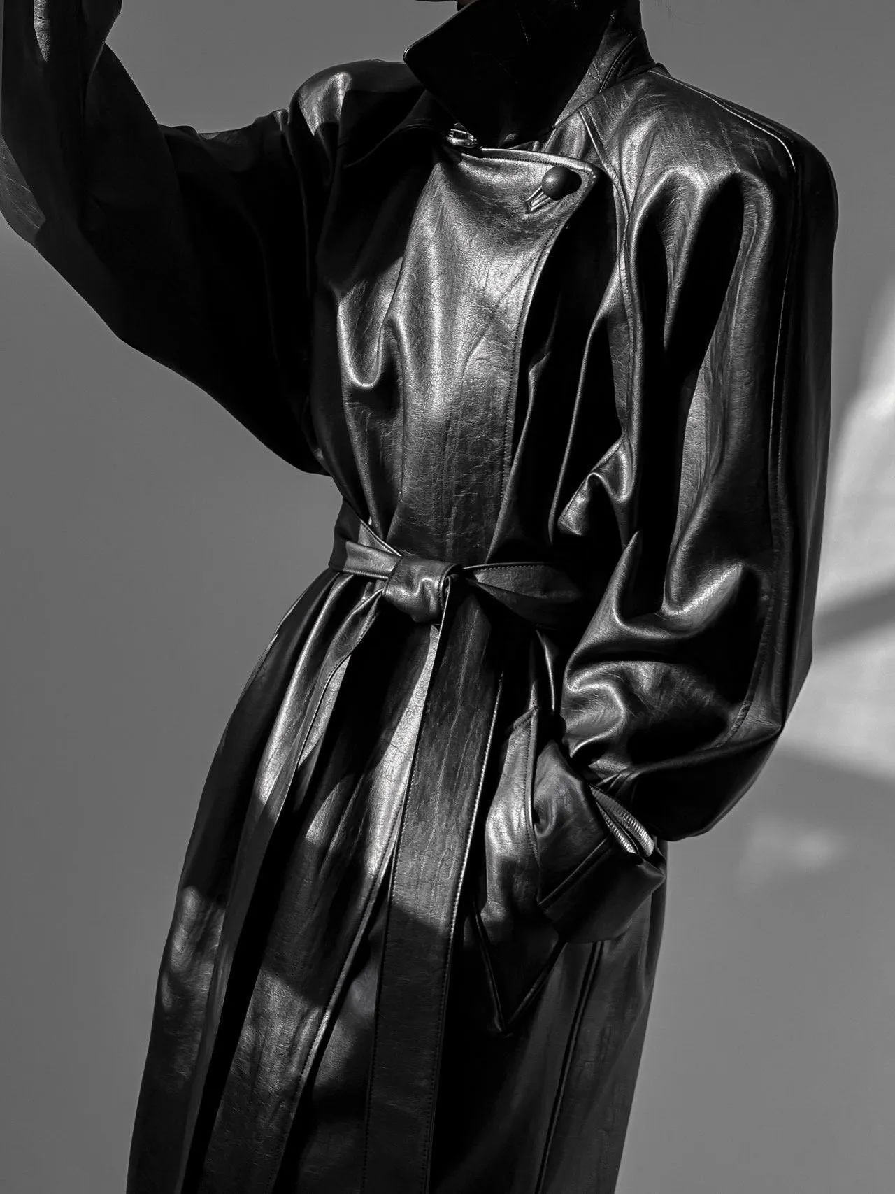 PADDED SHOULDER VEGAN LEATHER TRENCH COAT