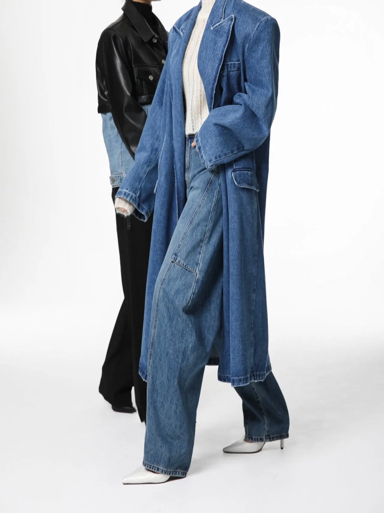 PEAKED LAPEL OVERSIZED WASHED DENIM COAT