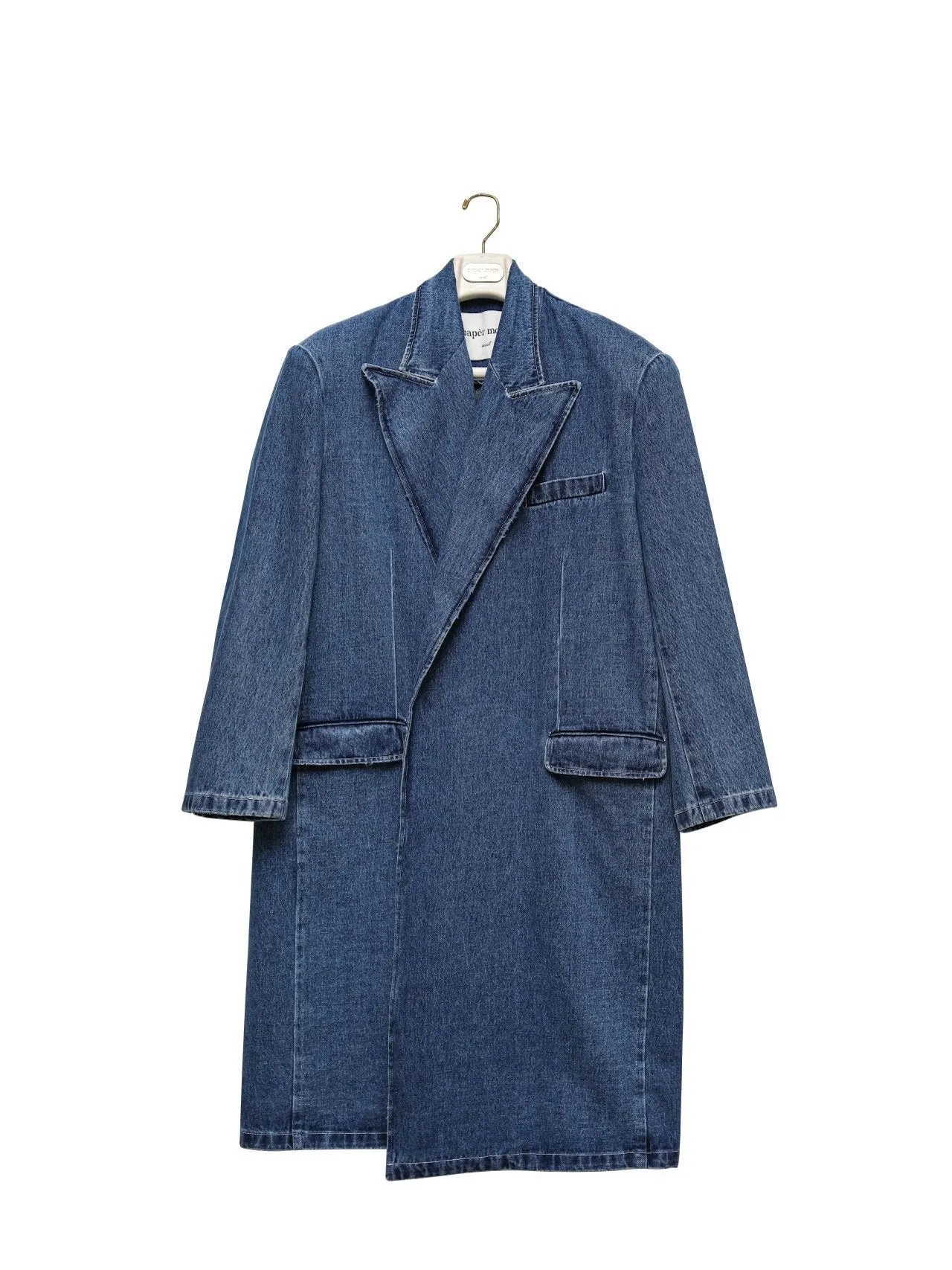 PEAKED LAPEL OVERSIZED WASHED DENIM COAT