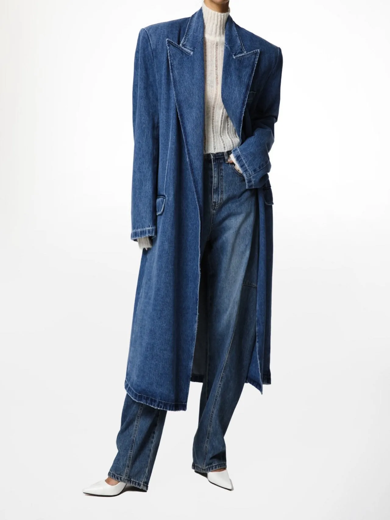 PEAKED LAPEL OVERSIZED WASHED DENIM COAT