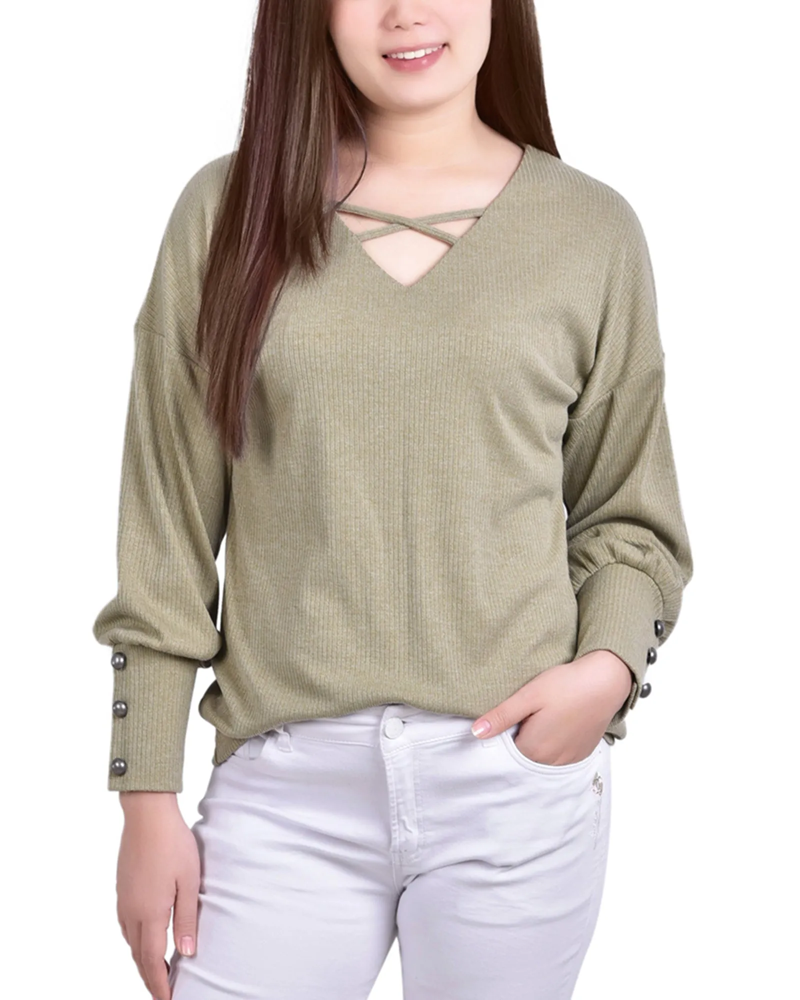 Petite Long Sleeve Criss Cross Neck Pullover Top