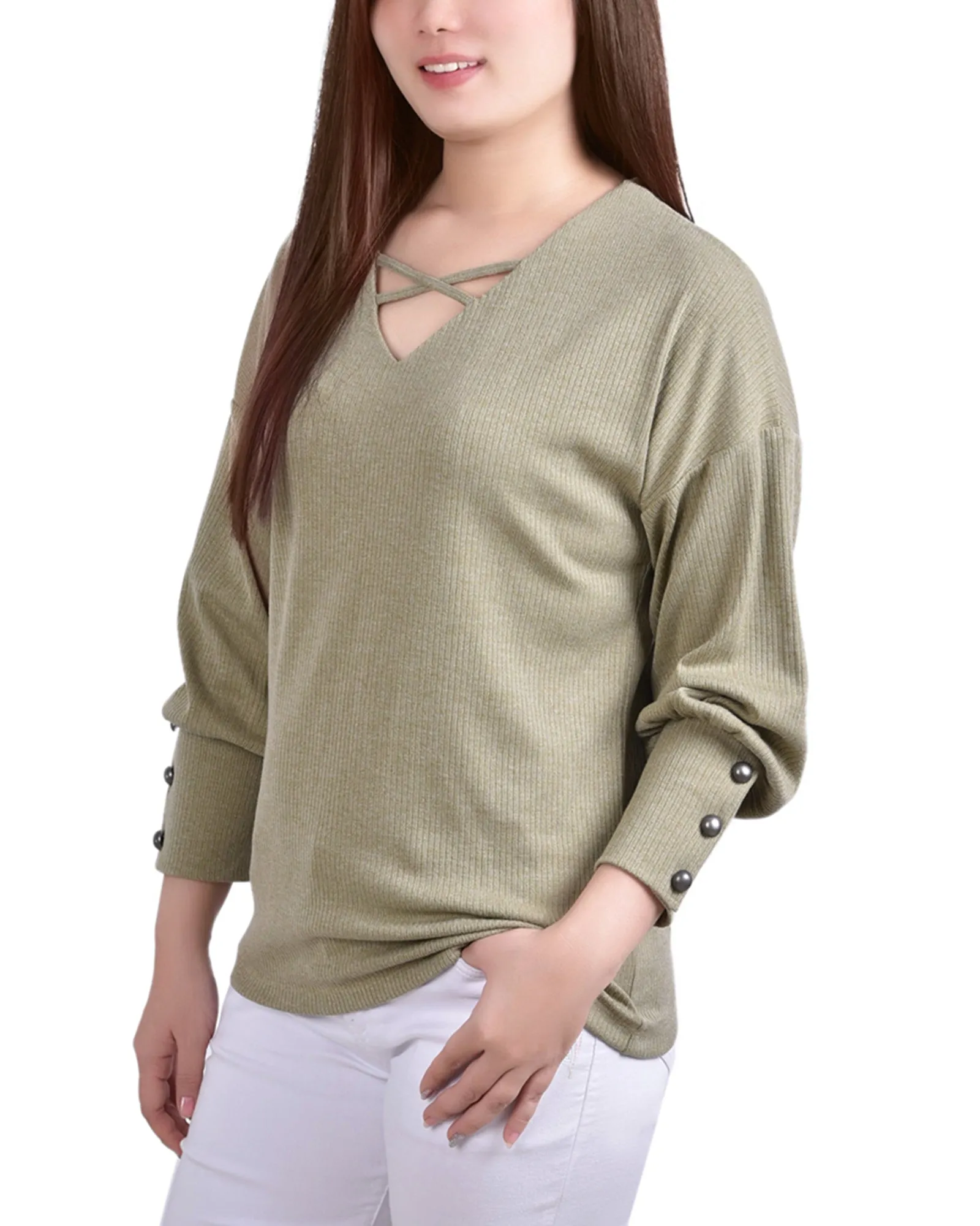 Petite Long Sleeve Criss Cross Neck Pullover Top