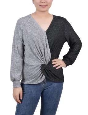 Petite Long Sleeve Twist Front Colorblocked Top