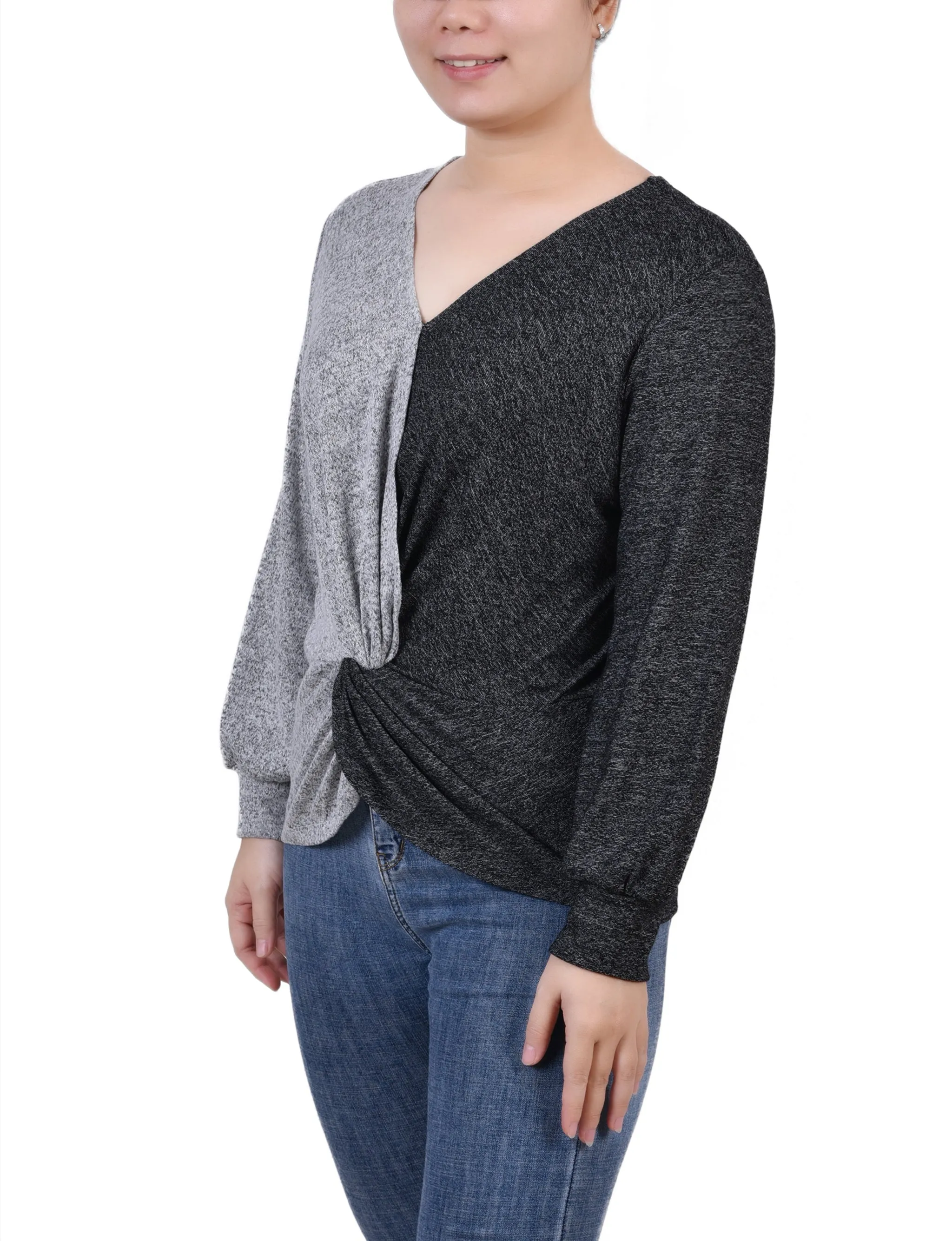 Petite Long Sleeve Twist Front Colorblocked Top