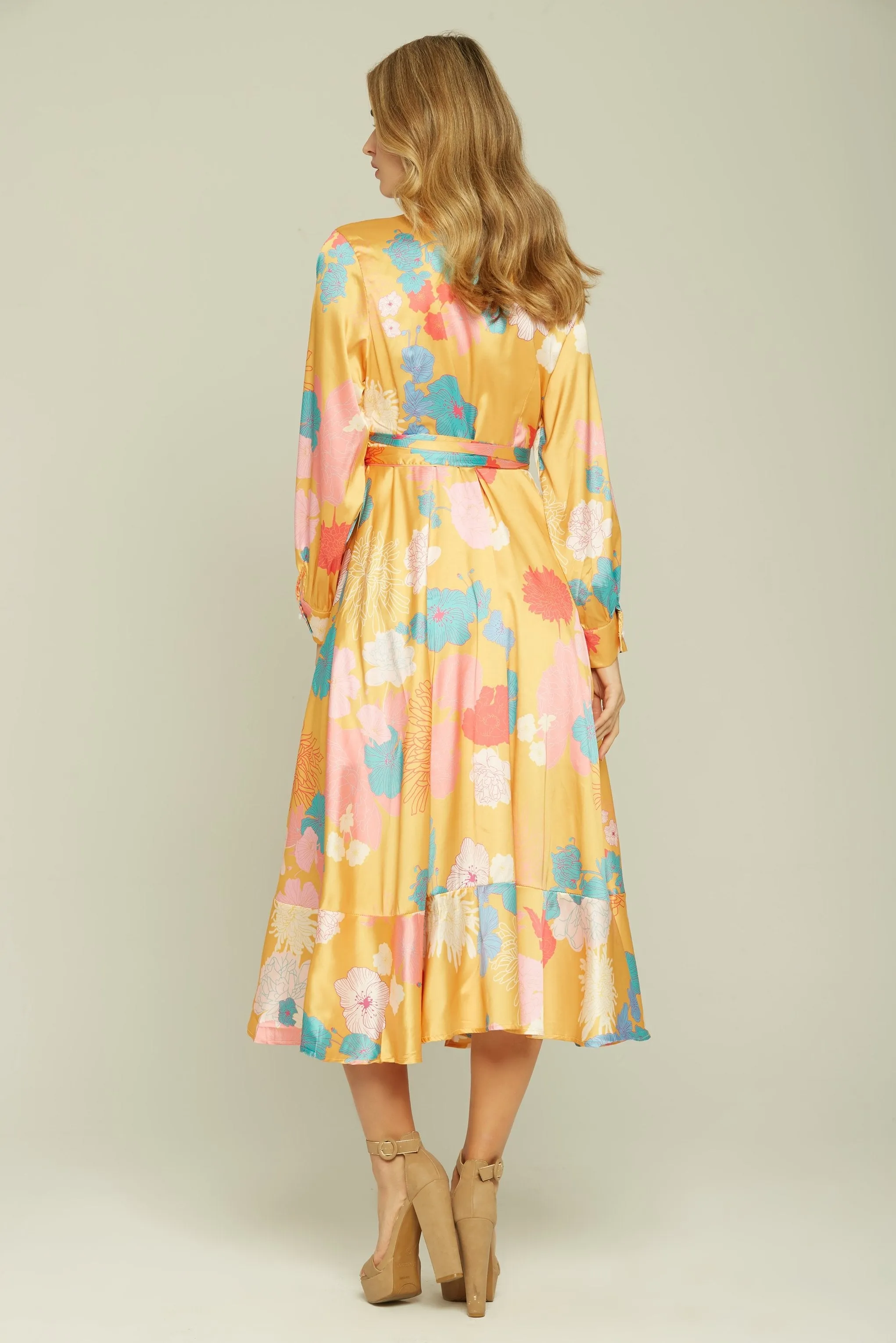 Pineapple Yellow Floral Print Wrap-around Midi Dress