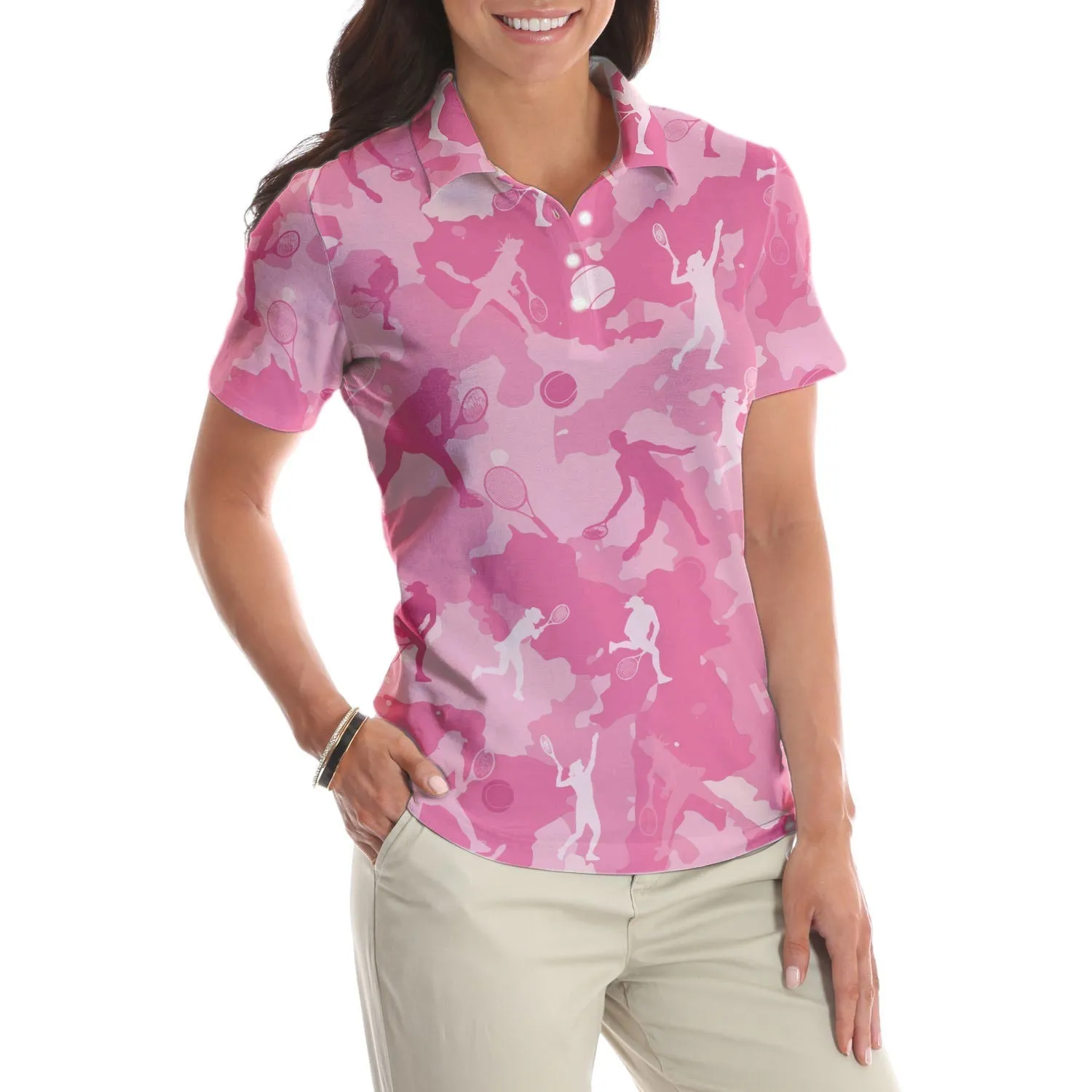 Pink Camouflage Tennis Girl Short Sleeve Women Polo Shirt, Camo Tennis Shirt For Ladies Coolspod