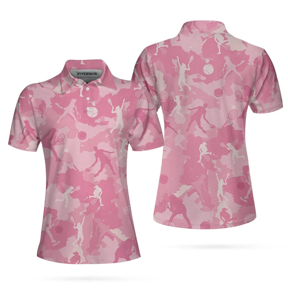 Pink Camouflage Tennis Girl Short Sleeve Women Polo Shirt, Camo Tennis Shirt For Ladies Coolspod