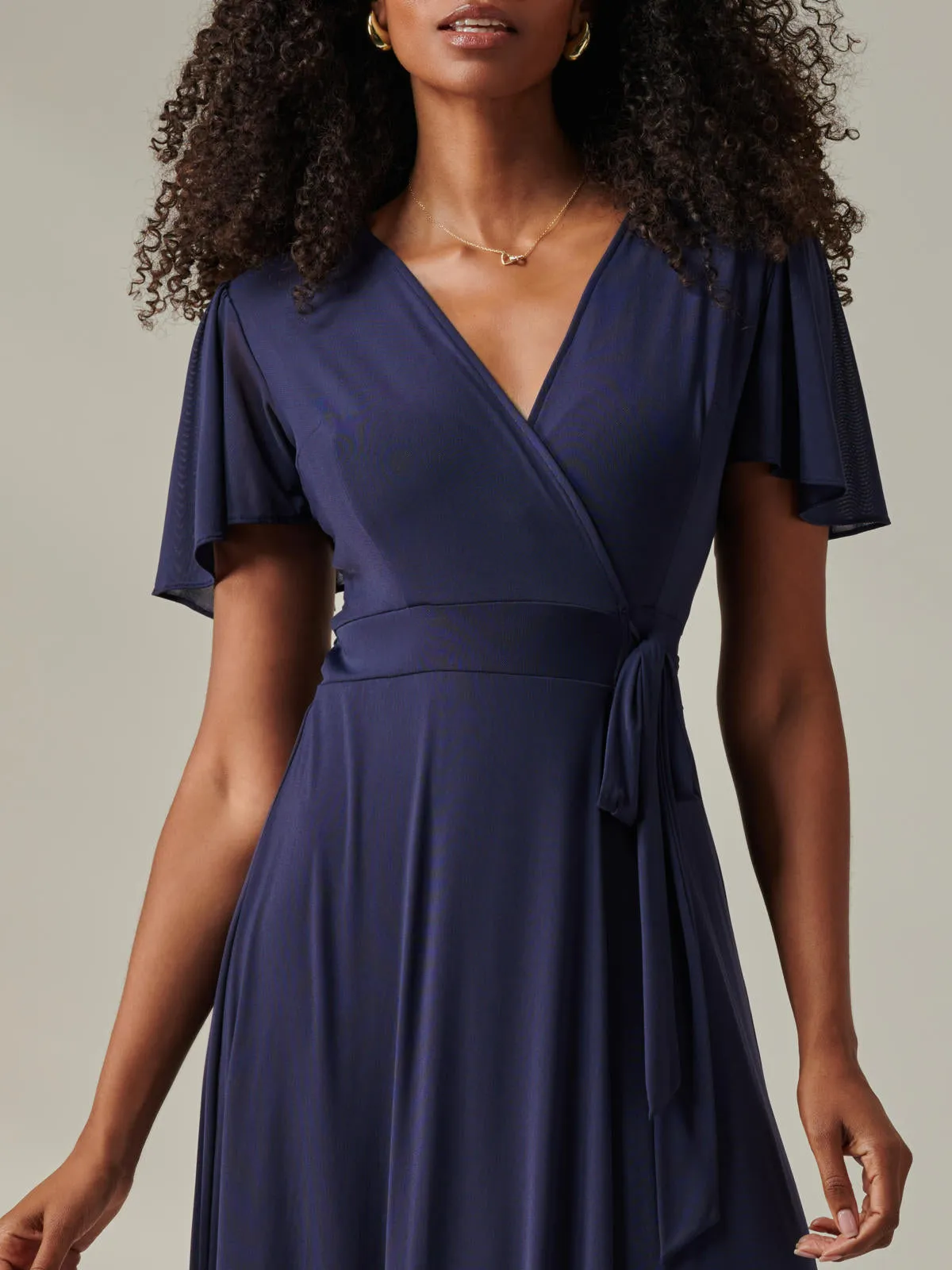 Plain Angel Sleeve Wrapped Maxi Dress, Navy