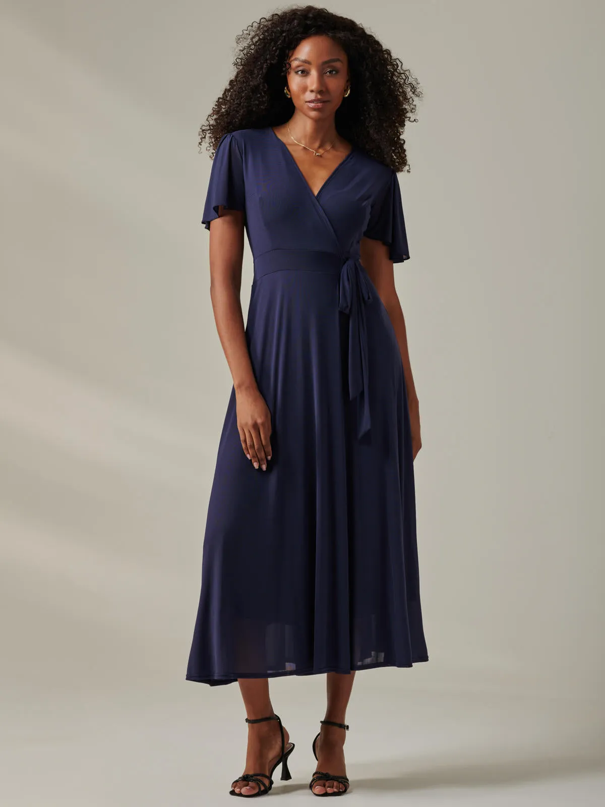 Plain Angel Sleeve Wrapped Maxi Dress, Navy